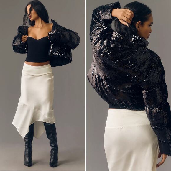 CHRLDR Cheerleader All Over Black Sequins Wendy Crop Puffer Jacket Size S - Picture 1 of 7